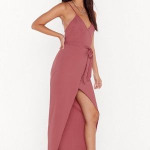 Nasty Gal Ribbed Plunge Maxi Dress in Rose Size 2